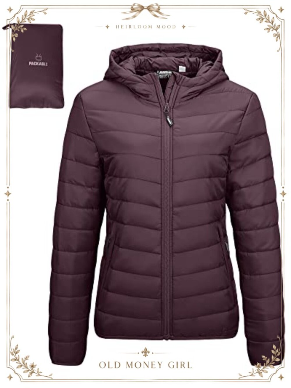 Packable Lightweight Full-Zip Puffer Jacket Hood Quilted Winter Coat